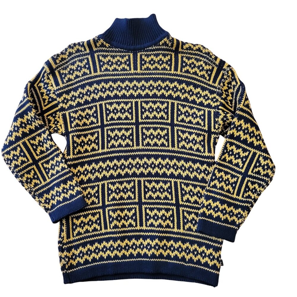 Vintage Esprit Sport Yellow Navy Blue Geometric Knit Cotton Sweater‎ High Neck M
